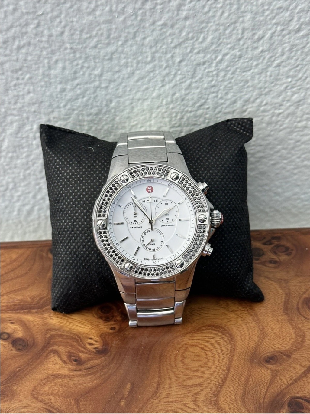 Unique  Rare Michele Tahitian Black Diamond  Ss Band Chronograph Ladies Watch